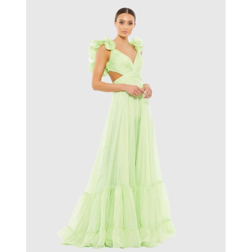 Mac Duggal Size 8 Green 67911 Ruffled Tiered Cut Out Chiffon Gown Dress Prom New